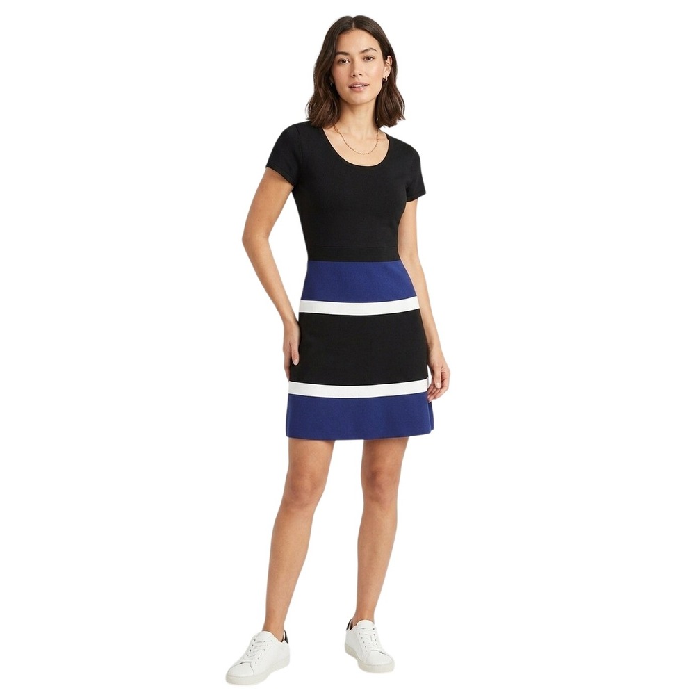 Anne Klein Women Black Blue White Colorblock Stripe Fit Flare Dress Size Medium
